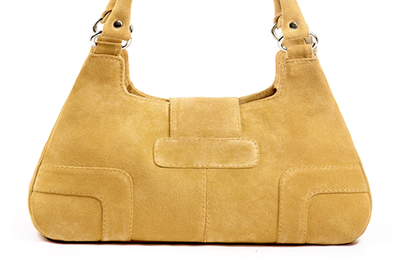 Mustard yellow women's dress handbag, matching pumps and belts. Rear view - Florence KOOIJMAN
